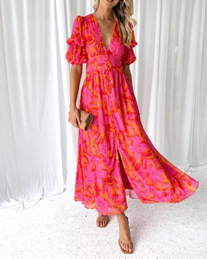 Alva - Elegante Abito Maxi con Scollo a V e Maniche a Sbuffo
