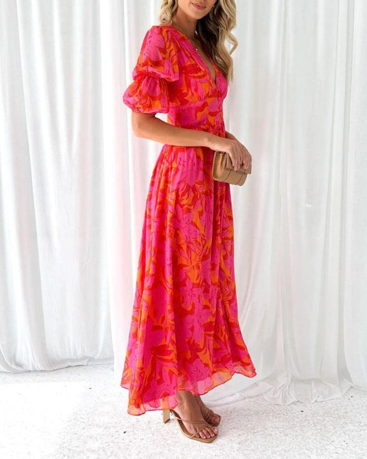 Alva - Elegante Abito Maxi con Scollo a V e Maniche a Sbuffo