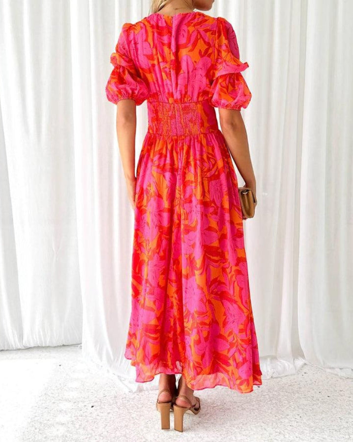 Alva - Elegante Abito Maxi con Scollo a V e Maniche a Sbuffo