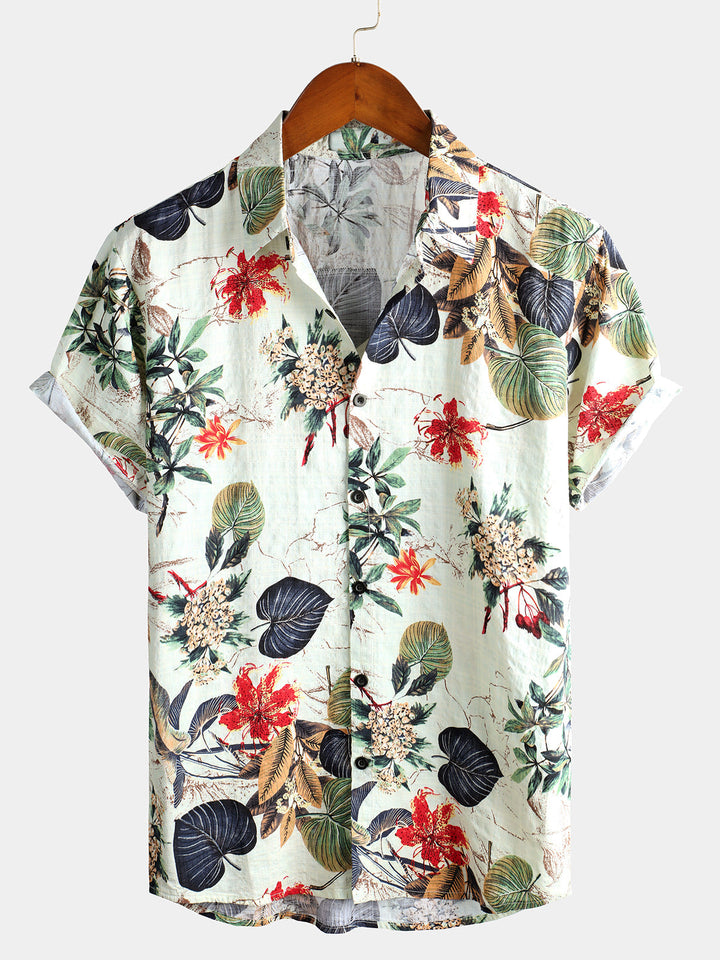 Camicia a maniche corte in cotone con stampa floreale da uomo