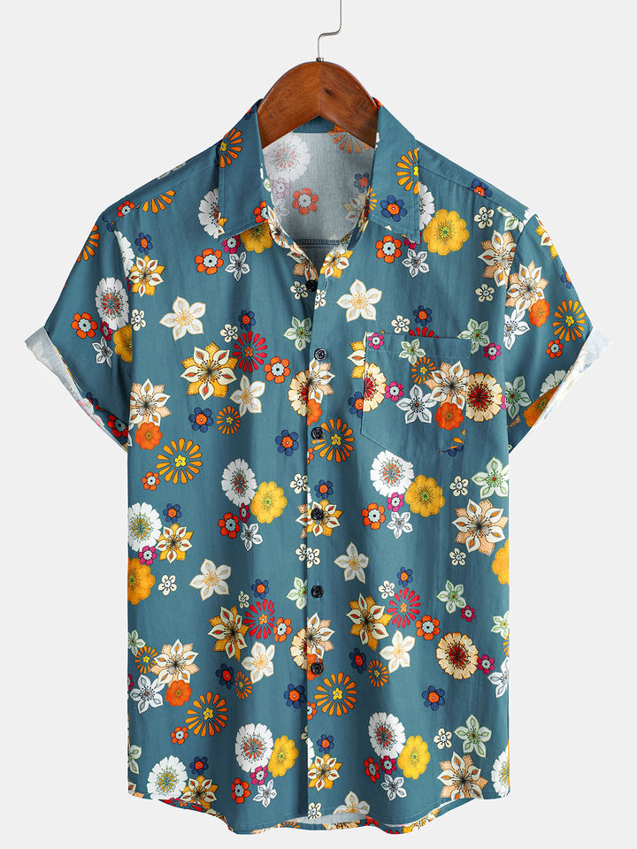 Camicia a maniche corte in cotone per uomo con motivo floreale